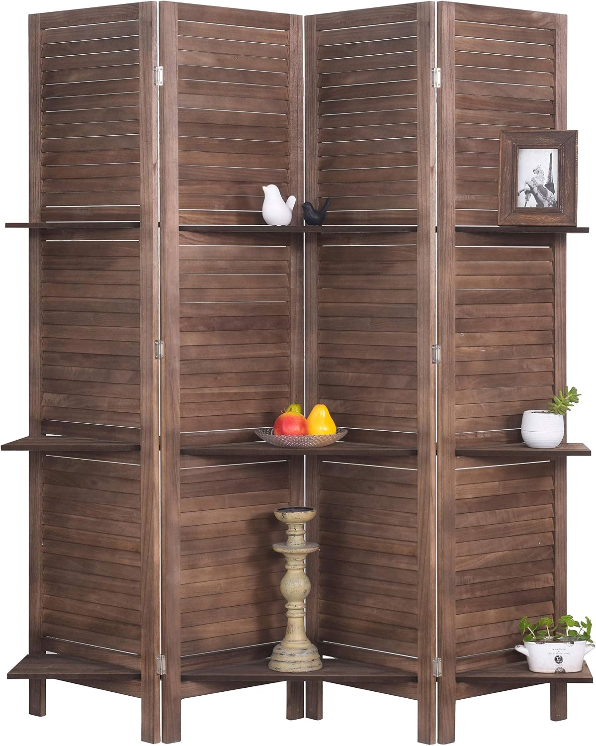 Amazon Com Rhf 4 Panel 5 6 Ft Wood Room Divider Wood Folding Privacy Screen Panels Panel Divider Room Dividers Room Dividers With 3 Shelves And Folding Privacy Screens 4 Panel Brown Kitchen Dining