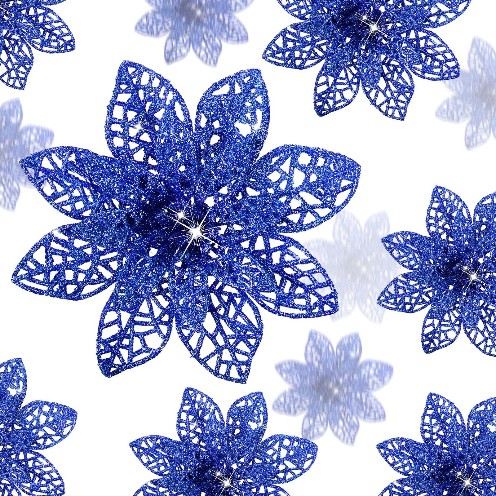 36 Pieces Christmas Glitter Poinsettia Flowers Wedding Glitter Flowers Christmas Tree New Year Ornaments (Navy Blue)