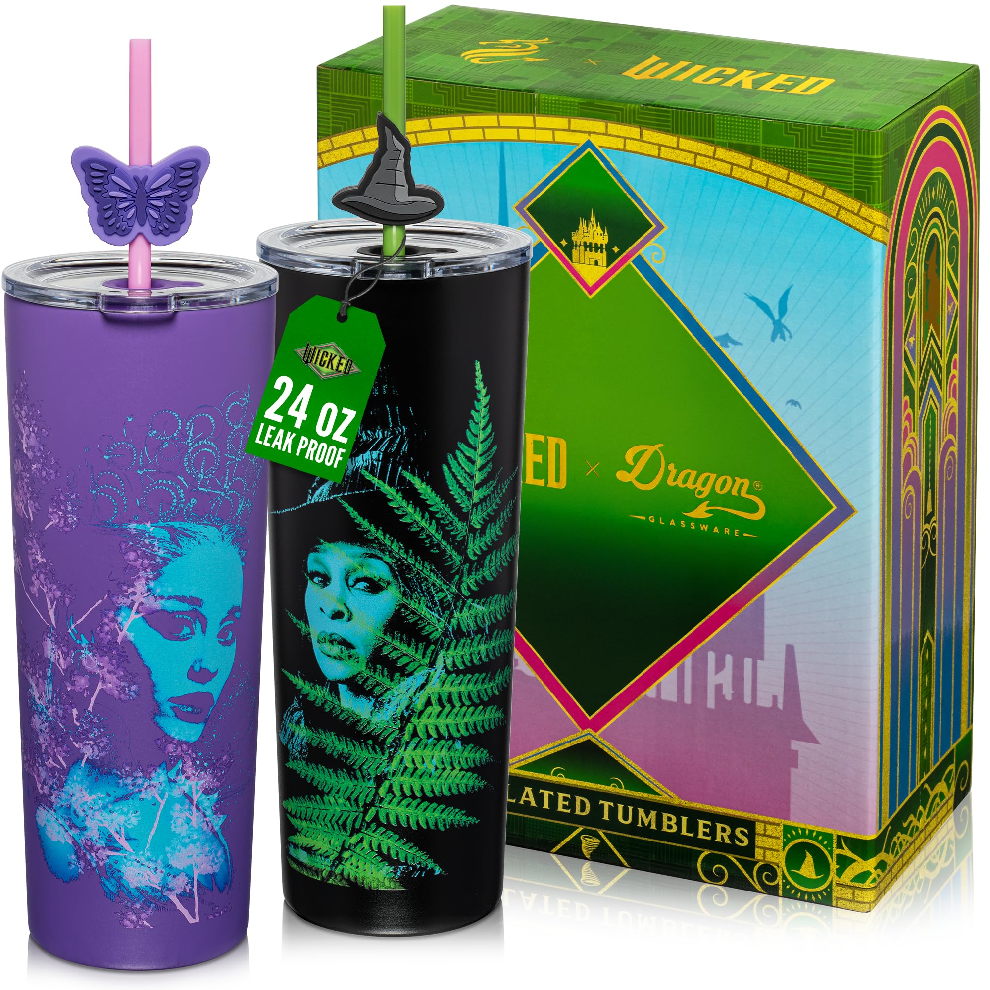 Dragon Glassware x Wicked: For Good 2-Pack 24 oz Vacuum Insulated Tumbler with Lid and Straw - Set of 2 Wicked Tumblers with 4 Straws and Toppers - Official Wicked Merch - For Good Image