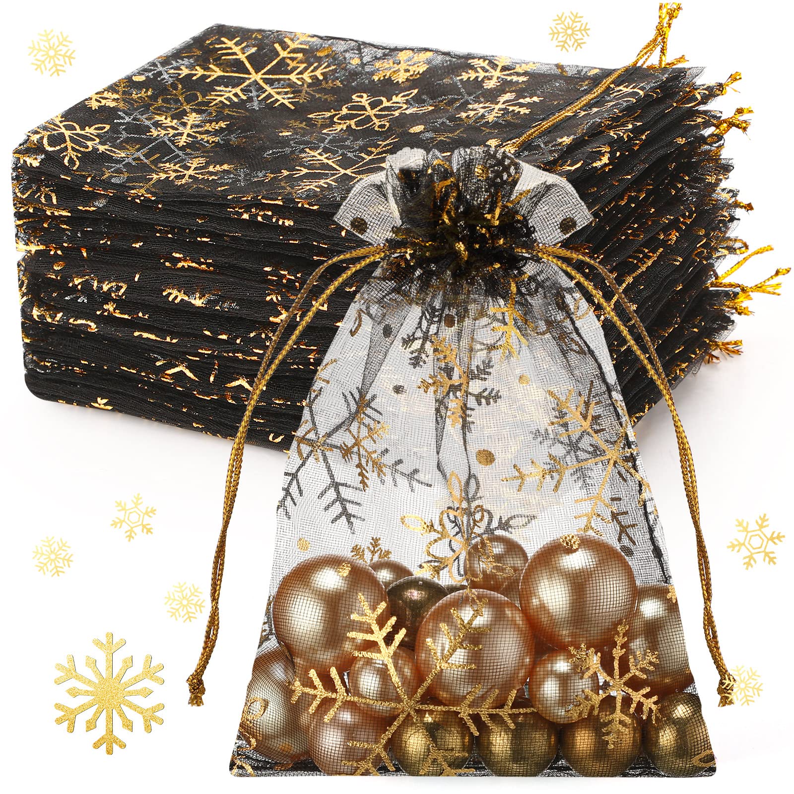 Photo 1 of 100 Pcs Christmas Snowflake Organza Gift Bags 4 x 6 Inch Small Mesh Jewelry Pouches Mini Drawstring Candy Bags Goody Bag Organza Favor Bags for Christmas, Winter Party, Jewelry, Festival (Black)