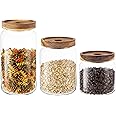 KMwares Set of 3 Clear Glass Food Jars/Canisters with Airtight Seal Acacia Wood Lids for Kitchen/Bathroom/Pantry Storage, Serving Pasta, Candy, Snack, Leaf Tea, Coffee Bean, Dry food