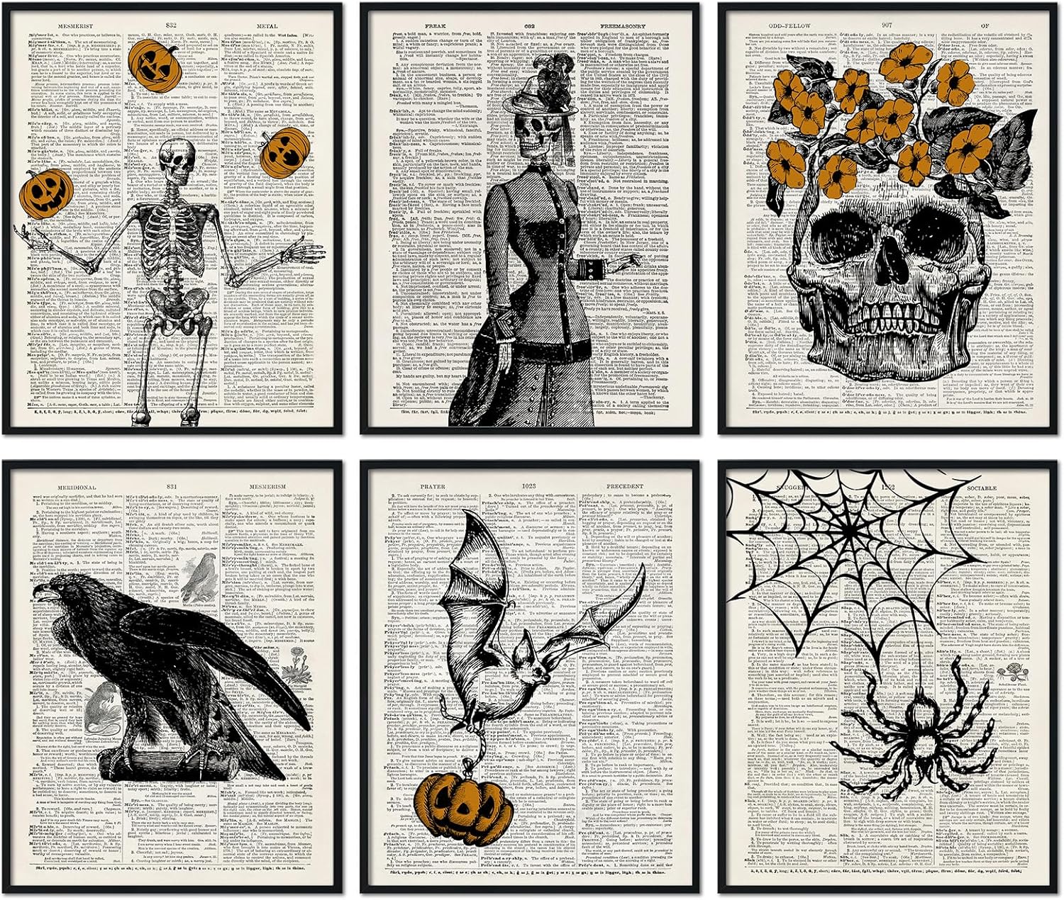 Wall Décor - Whaline 6Pcs Skeleton Wall Art Prints 8x10 Inch Vintage Halloween Wall Decor Skeleton Bat Spooky Gothic Home Decor Wall Art for Halloween Gallery Wall Home Living Room Bedroom Decor (UNFRAMED)