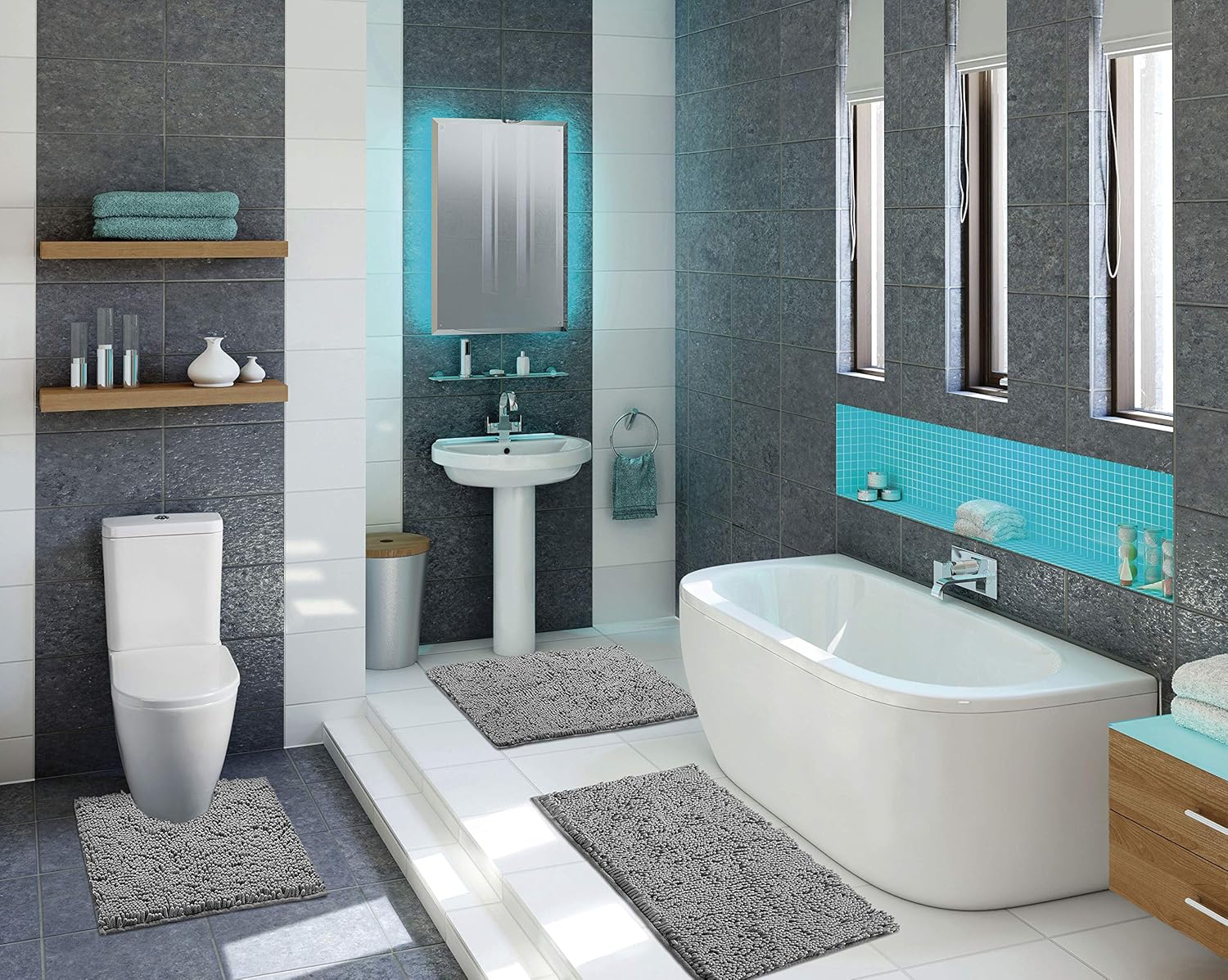 LuxUrux Bathroom Rugs 3 Pieces Set Grey, Non-Slip Shaggy Bathroom Mat Set, Includes U-Shaped Contour Toilet Mat, 20 x 30'' and 16 x 24'' Bath Mat, Machine Washable (3 Pc Set - Style A, Light Grey): Kitchen & Dining