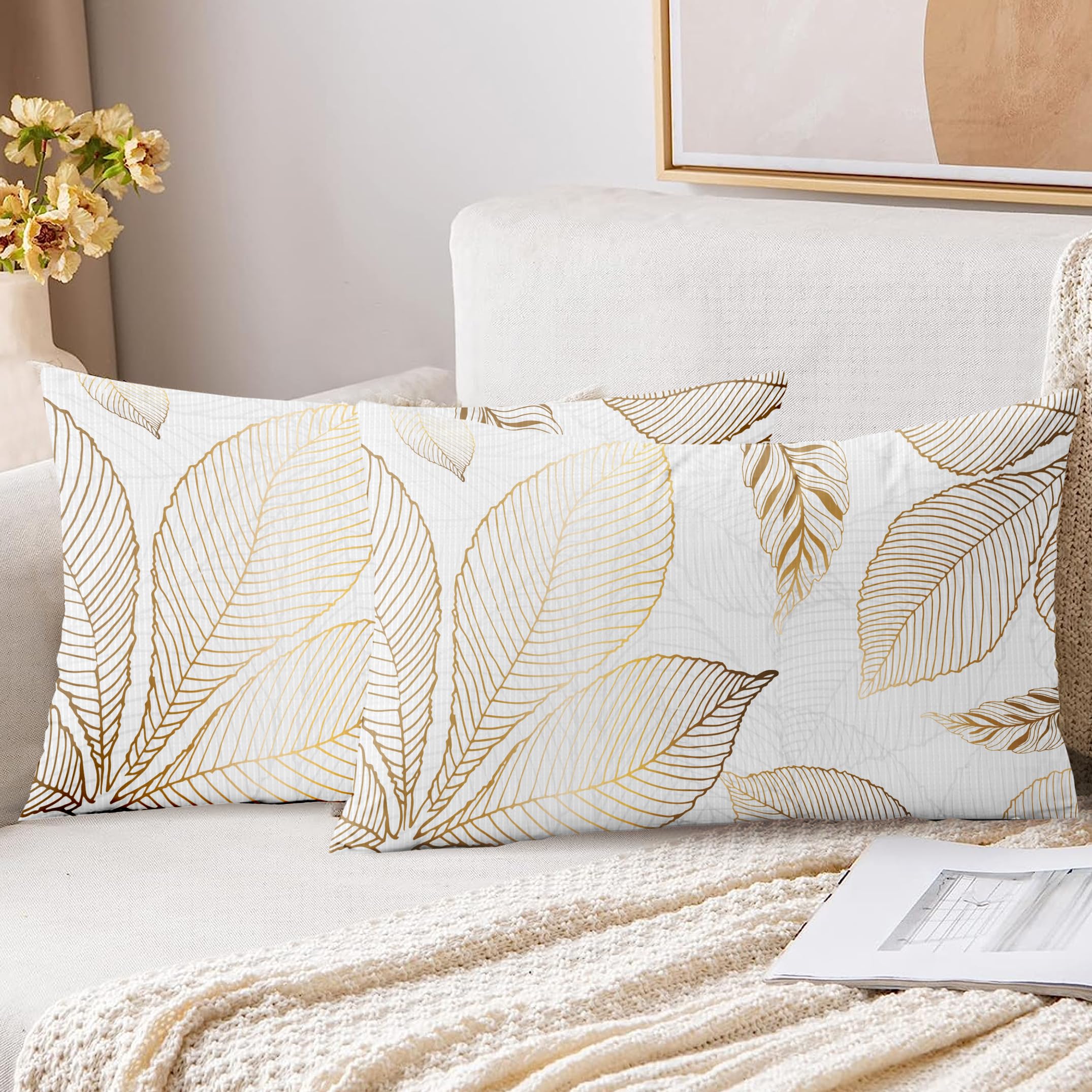 XPHZZL Cushion Covers Set of 2 Pack 30 x 50 cm - Soft Golden Leaves Pattern Decorative Pillow Covers for Sofa Bed Garden Outdoor Spring Decor with Invisible Zipper 12 x 20 Inch