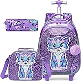 Meetbelify Rolling Backpack for Girls Backpacks with Wheels for Elementary Preschool Students 3 in 1 Carry on Travel Luggage Kids Suitcase with Lunch Box Pencil Case for Girls Age 8-10