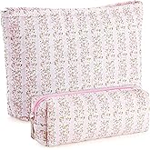 Paterr 2 Pcs Cotton Quilted Makeup Bag Set Coquette Pink Floral Cosmetic Bag Cute Aesthetic Travel Toiletry Organizer Skincare Pouch Toiletry Organizer Portable Pencil Case for Bridesmaid Women Gifts