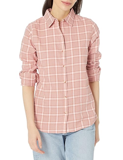 Amazon Essentials Women's Regular-Fit Long-Sleeve Lightweight Plaid Flannel Shirt, Peach Windowpane Plaid, X-Small