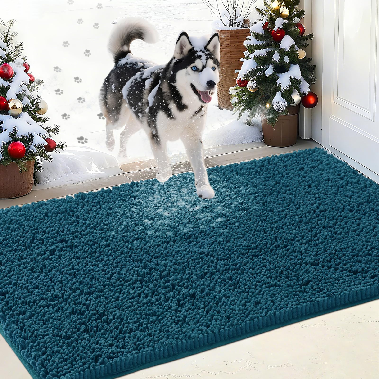 IM HOME Chenille Absorbent Outdoor Doormat 48" x 30", Washable Muddy Door Mats for Dog Non Slip Indoor Doormat Dog Mat for Muddy Paw Front Inside Doormats for Entryway Teal Blue Image
