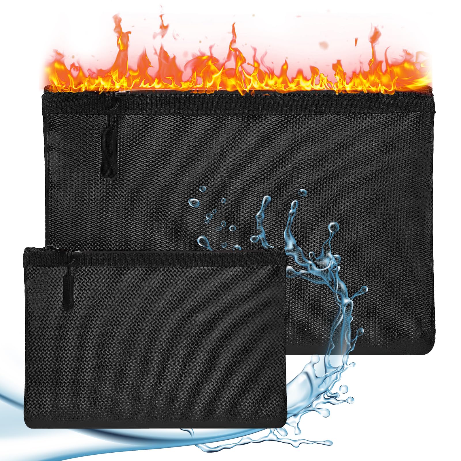 2Pcs Fireproof Document Pouch Set, 34.7x25cm Fire Water Proof Cash Pouch, 20.3x14.2cm Fireproof Safe Storage, Insulated Money Bag with Zipper, Banking for Cash, File, Passport, Valuables Box