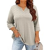 TFSDOD Plus Size Tops for Women V Neck T Shirt 3/4 Length Sleeve Blouse Dressy Casual Tee Loose Fit XL-5X