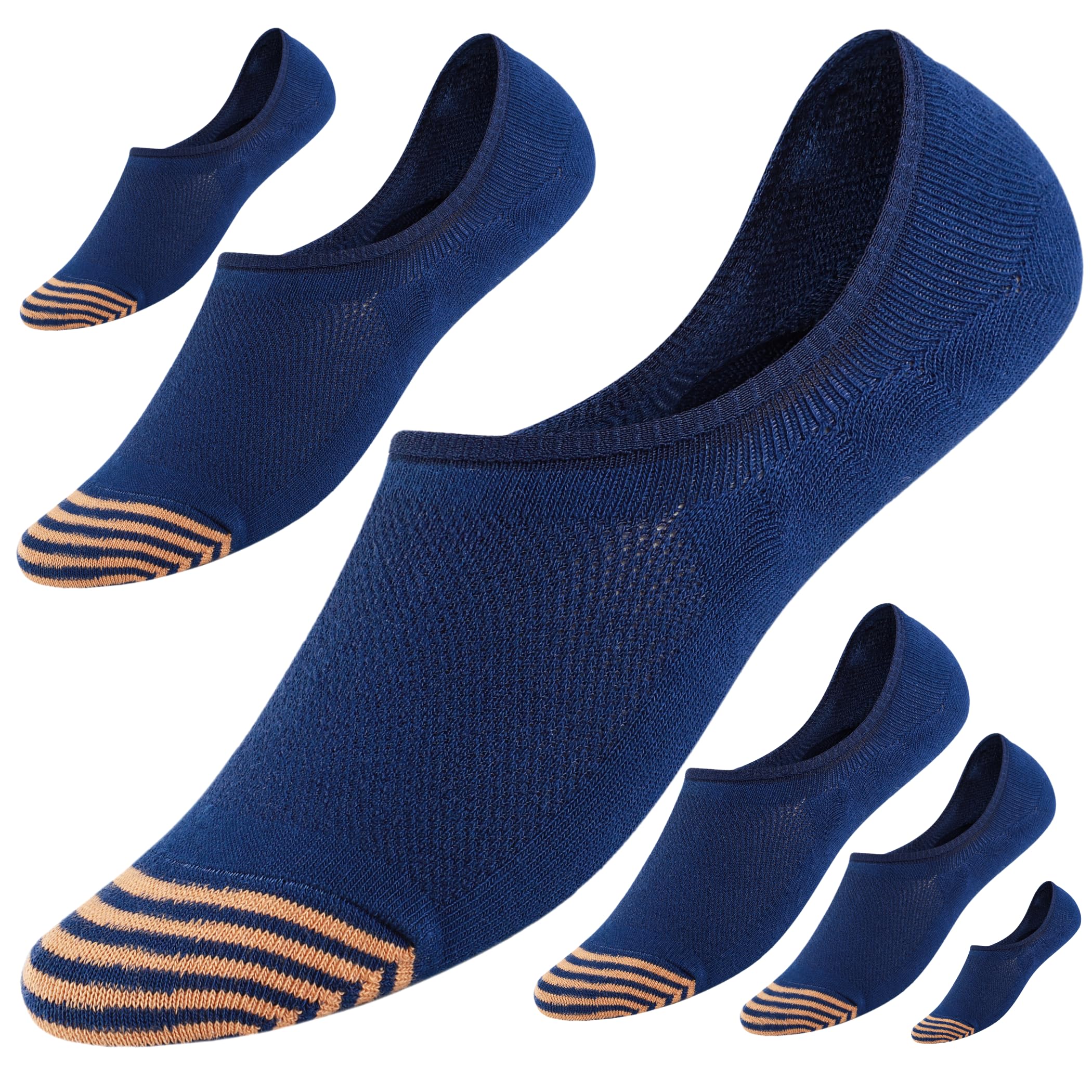 Photo 1 of Hicomlor No Show Socks for Men 6 Pack,Non Slip Cotton Low Cut Short Socks for Sneaker Loafer Running (US, Alpha, Large, Regular, Regular, Navy Blue-Khaki)