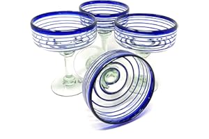 Mexican Hand Blown Glass – Set of 4 Hand Blown Margarita Glasses (16 oz) with Blue Spiral Design