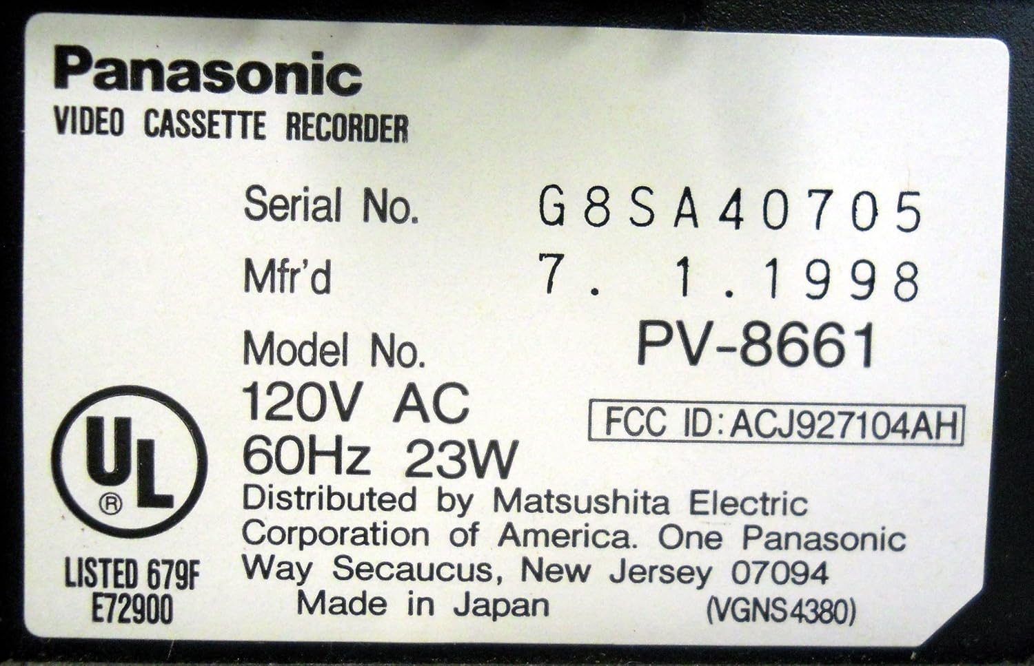 Amazon.com: Panasonic PV-8661 Video Cassette Recorder Player VCR 4 Head Hi  Fi Stereo: Electronics