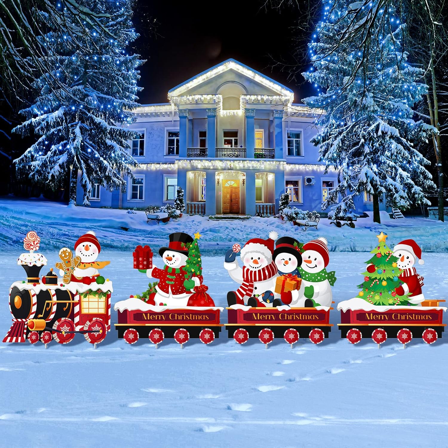 Yard Signs - 4 Pieces Christmas Decorations Outdoor Yard Train Lawn Sign Gingerbread Santa Snowman Heart Yard Sign with 8 Yard Stakes for Outdoor Christmas Decorations (Vibrant Style)