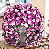 Artificial Fake Fall Hanging Mums Flowers Plants for Outdoor Outside, 2 PCS Faux Silk Morning Glory Trailing Vines Look Real UV Resistant for Porch Planter Patio Decor (Light Fuchsia and Fuchsia)