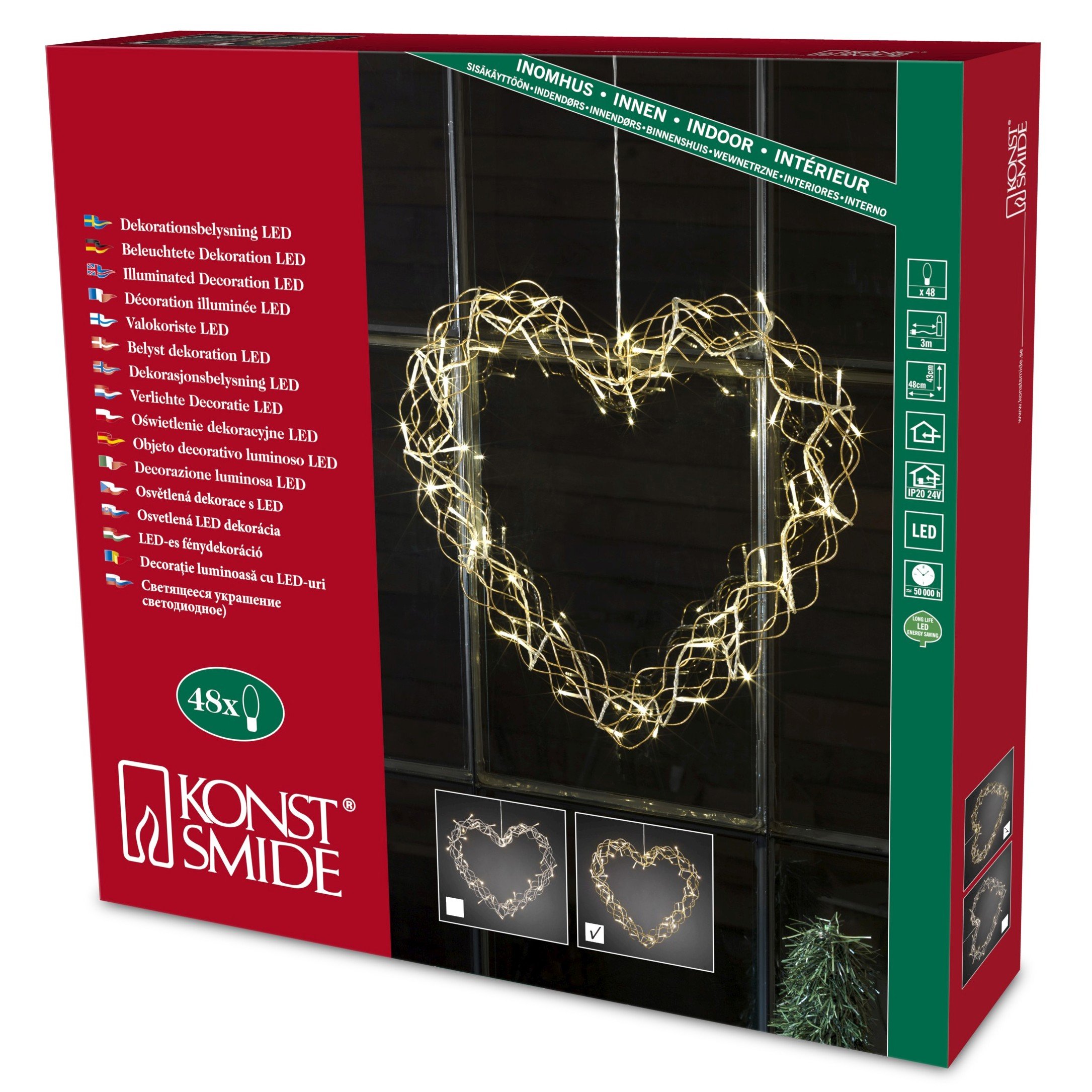 Konstsmide Christmas Lights LED Decoration Metal Silhouette Heart, Gold/Indoor Use (IP20)/24V Internal Transformer/48 Warm White Diodes/Transparent Cable, 2893-803