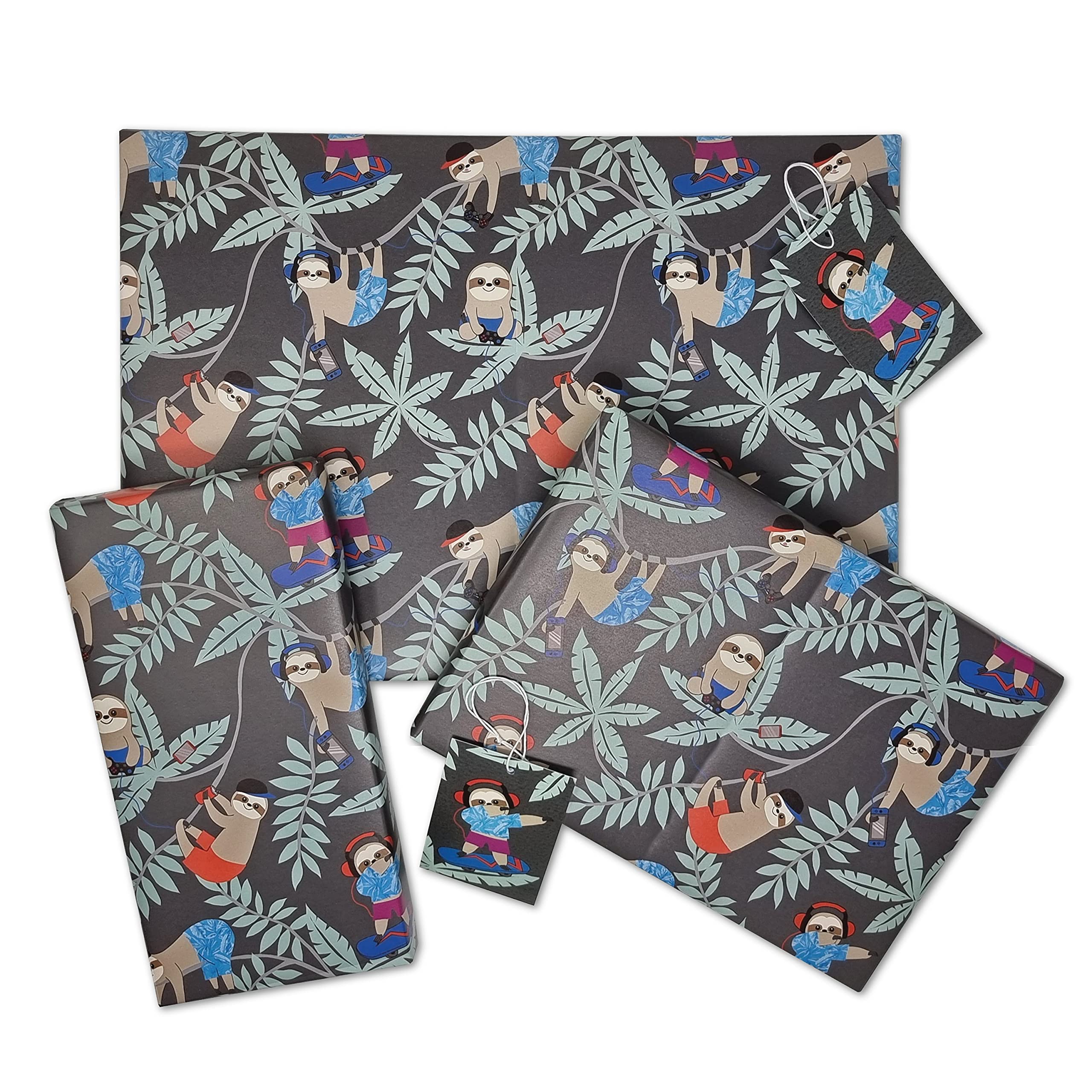 SLOTH GIFT WRAPPING PAPER – 2 Large Sheets – 2 Gift Tags | Premium | Kids | Gamer | Birthday Gift Wrap | Sloth Inspired | Sloth Gift | Crafting | Scrapbooking | Boys | By Printykins
