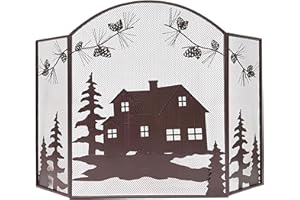 BestGiftEver 3-Panel Fireplace Screen Decorative with House Cabin Lodge Pine Cone Design - Stand Alone Fireplace Cover Metal Mesh Screen - Home Decorative Firescreen forRustic Western Country Style