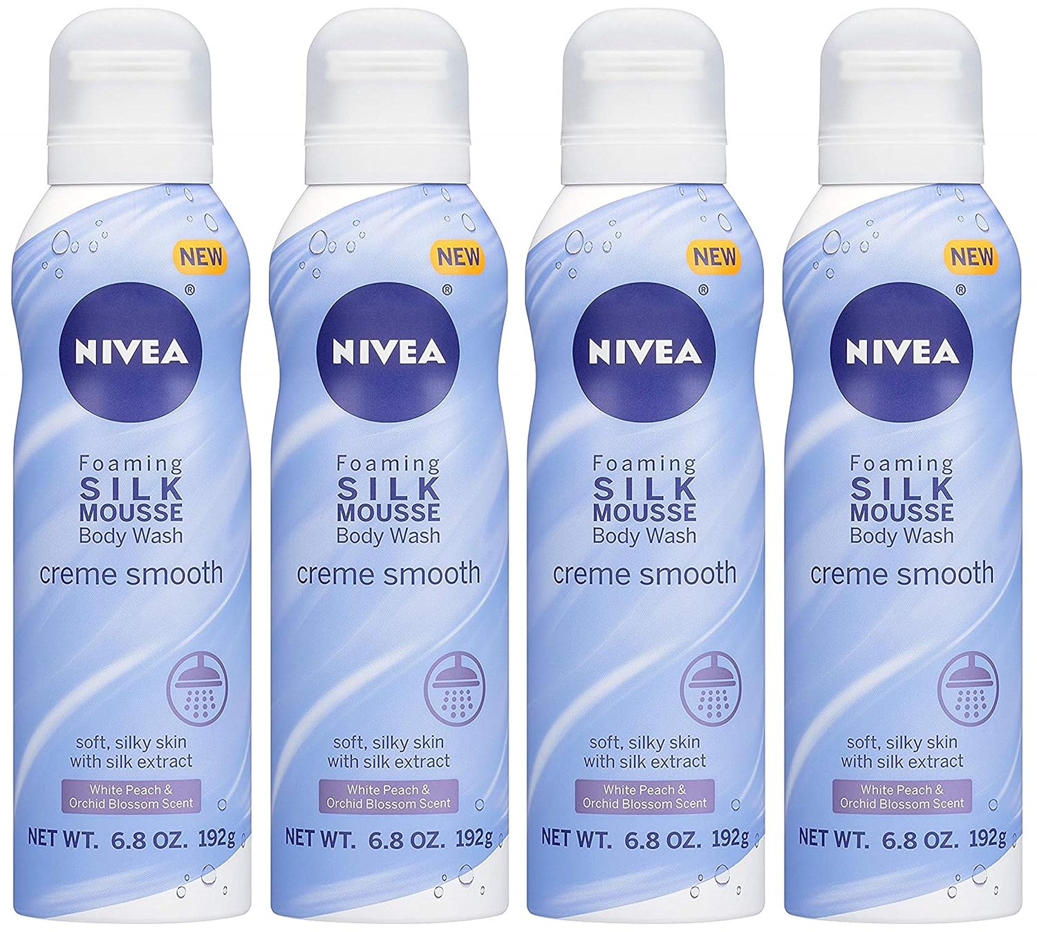 Nivea Foaming Silk Mousse Body Wash - Creme Smooth - White Peach & Orchid Blossom - Net Wt. 6.8 OZ (192 g) Per Can - Pack of 4 Cans
