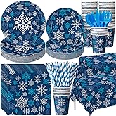 Funnymoom 452 Pcs Winter Dark Blue Snowflake Party Supplies for 50, Blue Silver White Snowflake Paper Plates Napkins Cups Tablecloth Cutlery Straws for Winter Birthday Wonderland Party Decoration