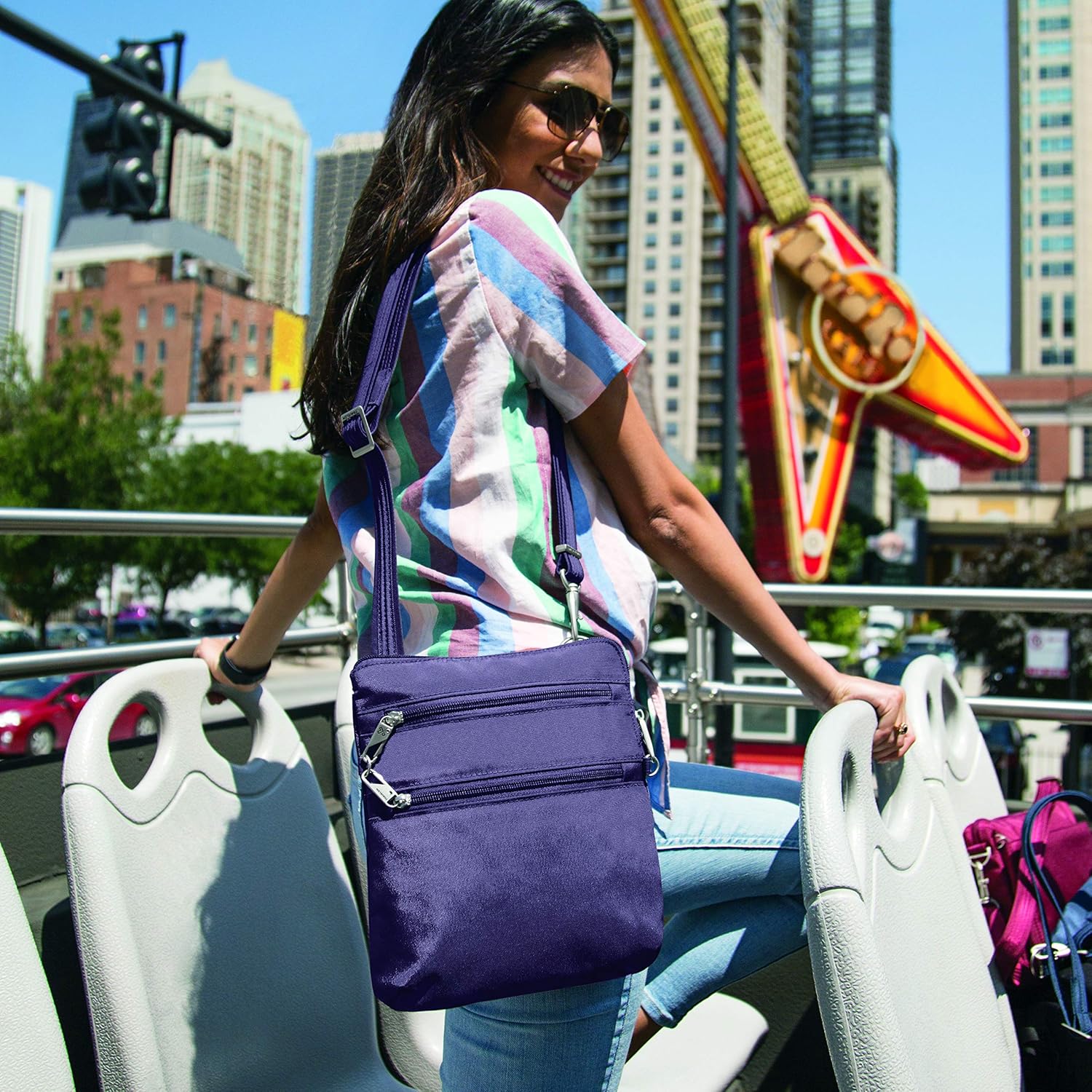 Travelon Anti-Theft Classic Slim Dbl Zip Crossbody Bag, Nutmeg