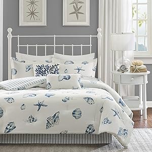 Harbor House Beach House Twin Size Bed Comforter Set - Blue, Ivory, Seashells – 3 Pieces Bedding Sets – 100% Cotton Bedroom Comforters