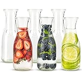 Glass Carafe Pitchers, by Kook, Mini Carafes- set of 6, Beverage Dispensers, Clear Jugs For Mimosas, Water, Wine, Milk and Juice, with Plastic Lids, Dishwasher Safe 17.3 oz