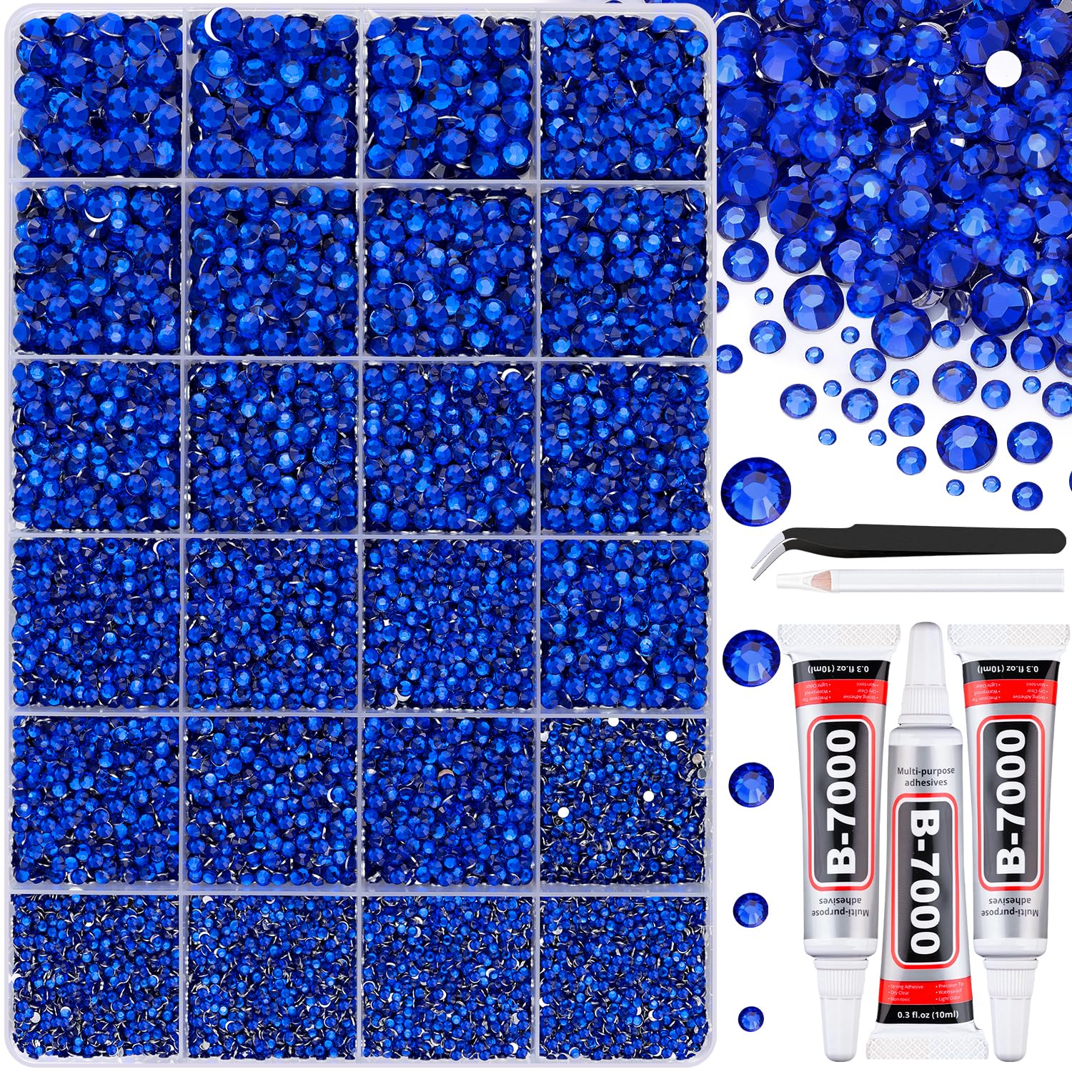 Photo 1 of 30000Pcs Resin Rhinestones with Tweezers for Crafting, Royal Blue Flatback Gems, Bedazzling Crystal with 3Pcs 10ml B7000 Jewelry Glue for DIY Crafts Clothing Tumblers Shoes Fabric Nail Art