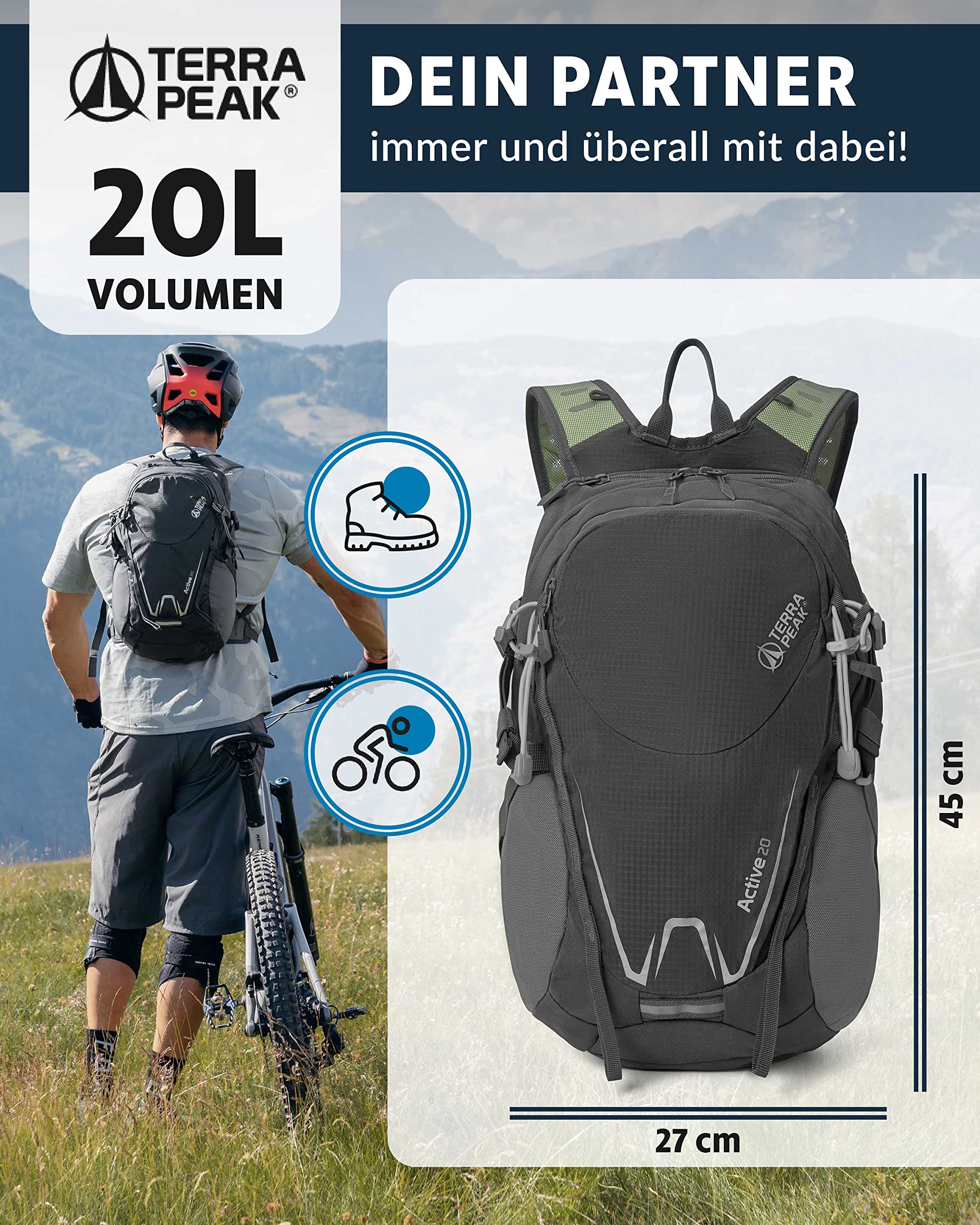 Terra Peak® Premium Wanderrucksack 20L ACTIVE 20 Damen Herren & Erwachsene klein grau - Trekking-Rucksack zum Wandern - Daypack Rucksack & Tagesrucksack wasserdicht mit Laptop-Fach & Trinksystem 2