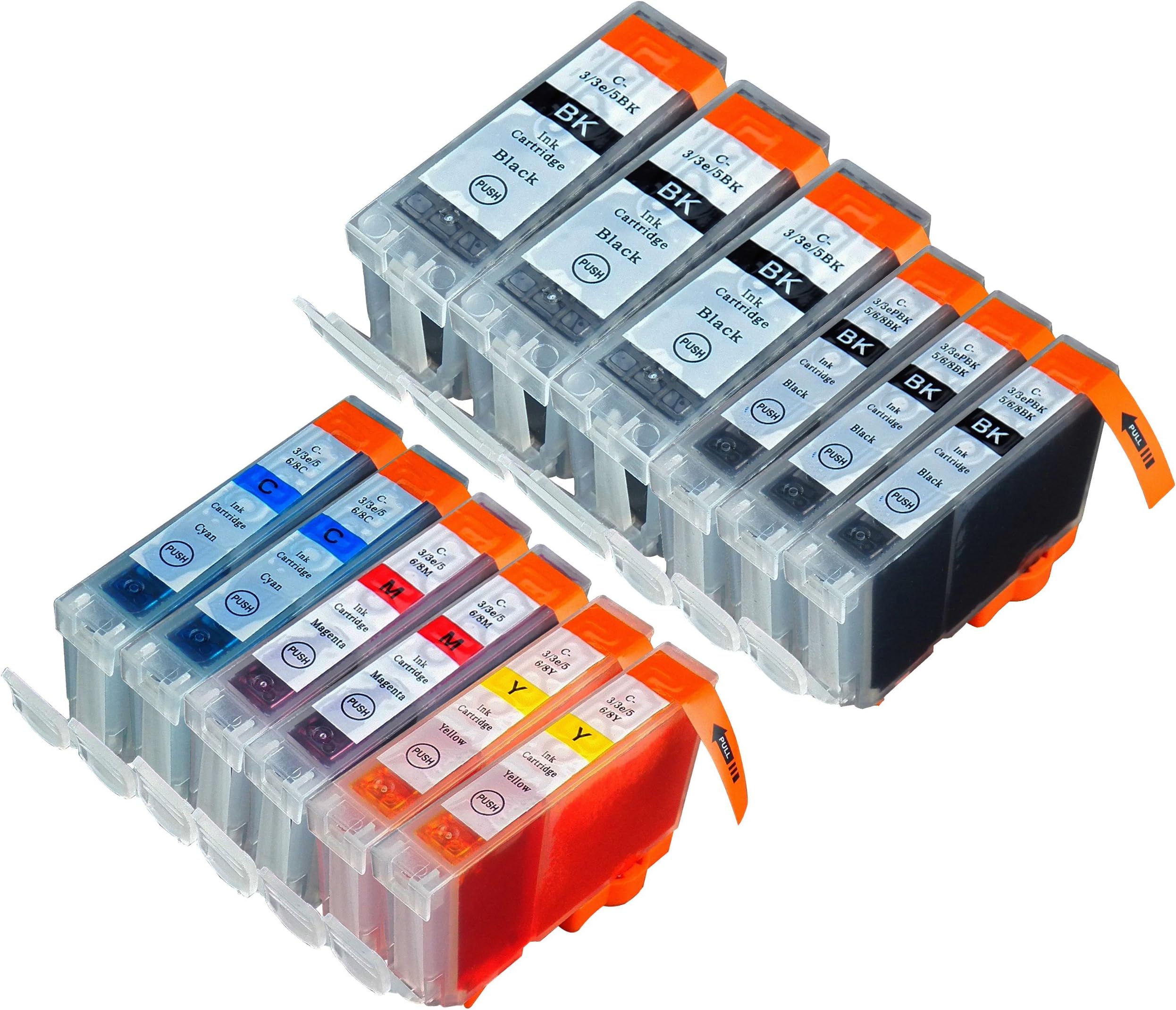 12 Pack Compatible Canon CLI 8 , CLI-8 , CLI8 , PGI 5 , PGI-5 , PGI5 3 Small Black, 3 Big Black, 2 Cyan, 2 Magenta, 2 Yellow for use with Canon Pixma iP4200, Pixma iP4300, Pixma iP4500, Pixma iP5200, Pixma iP5200R, Pixma MP500, Pixma MP530, Pixma MP600, Pixma MP610, Pixma MP800, Pixma MP800R, Pixma MP810, Pixma MP830, Pixma MX850 for inkjet printers. PGI-5BK, CLI-8BK, CLI-8C, CLI-8M, CLI-8Y Blake Printing Supply
