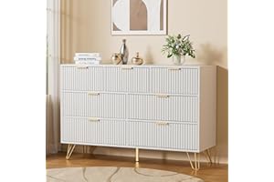 Furniway Dresser for Bedroom, Modern Fluted 47.2" Wide Chest of Drawers with Gold Pulls and 7 Drawers, 15.7" D x 47.2" W x 31.4" H, White