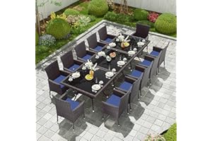 Kullavik 15-Piece Outdoor Dining Set Patio Rattan Furniture Set,Patio Dining Table and Chairs Set with 12 Chairs and Cushions,Square Glass Tabletop with Umbrella Hole for Patio,Backyard,NavyBlue