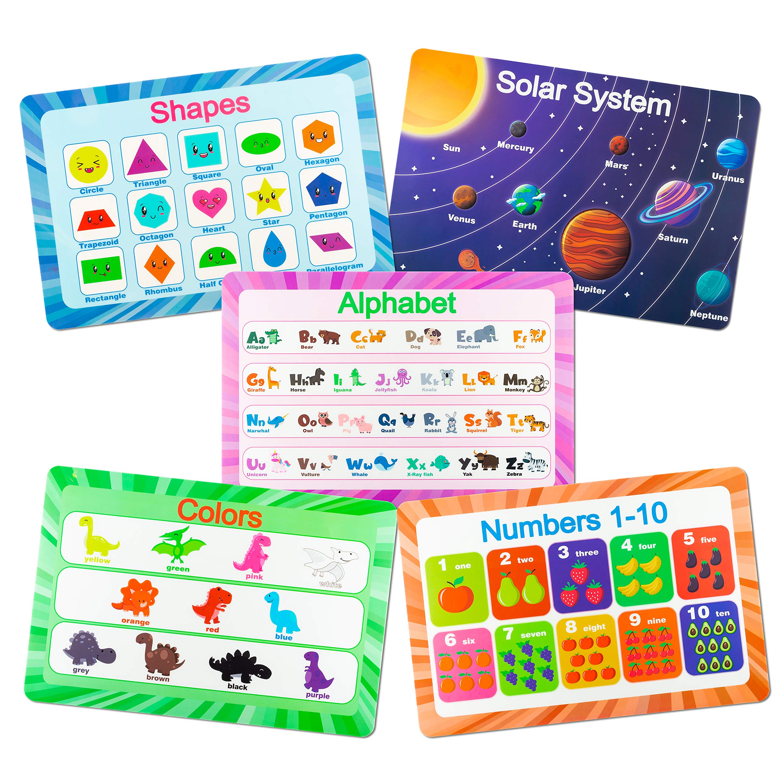 WATINC 5Pcs Educational Placemat for Kids Washable Non Slip Educational Table Mat Reusable Easy Learning Placemat Included Alphabet Colors Shapes Numbers Solar System