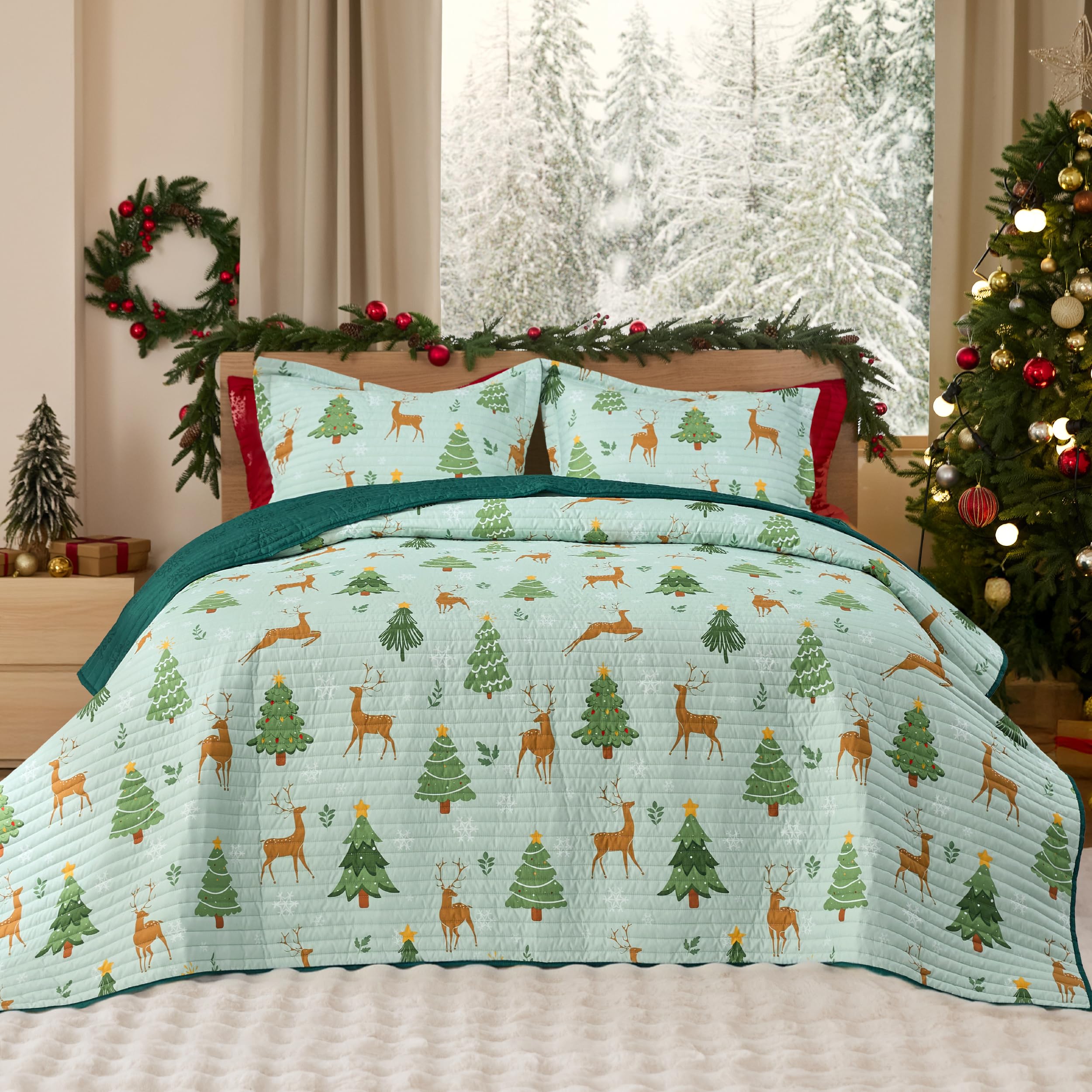 Photo 1 of Bedsure Christmas Quilt Bedding - Queen Size Reversible Quilt with Christmas Tree and Reindeer Pattern, Lightweight Microfiber Bedspread, Soft Coverlet as Festive Decoration (90"x96")
