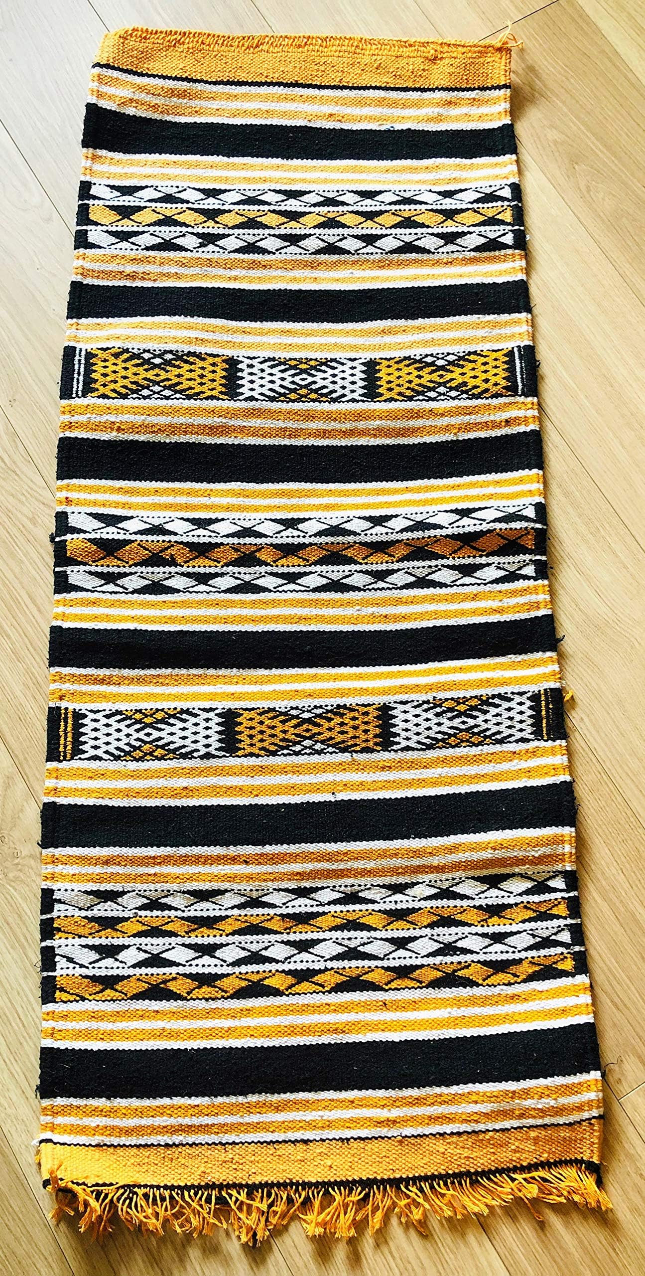 Authentic Moroccan Handmade Handwoven Embroidered Kilim 100% Wool Rug - Mustard Yellow with Black & White - 1.15 x 0.45 m