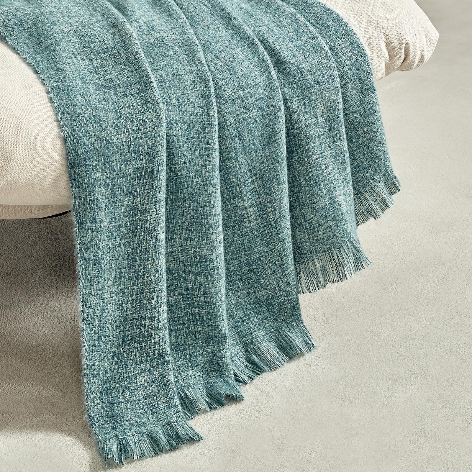 BOURINA Faux Cashmere Fringe Throw Blanket Decorative Lightweight Throw Soft Cozy for Bed or Sofa Outdoor Blanket, 127x178cm Teal
