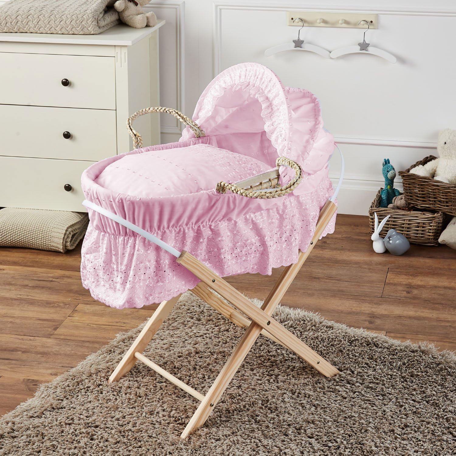 moses basket pink with stand