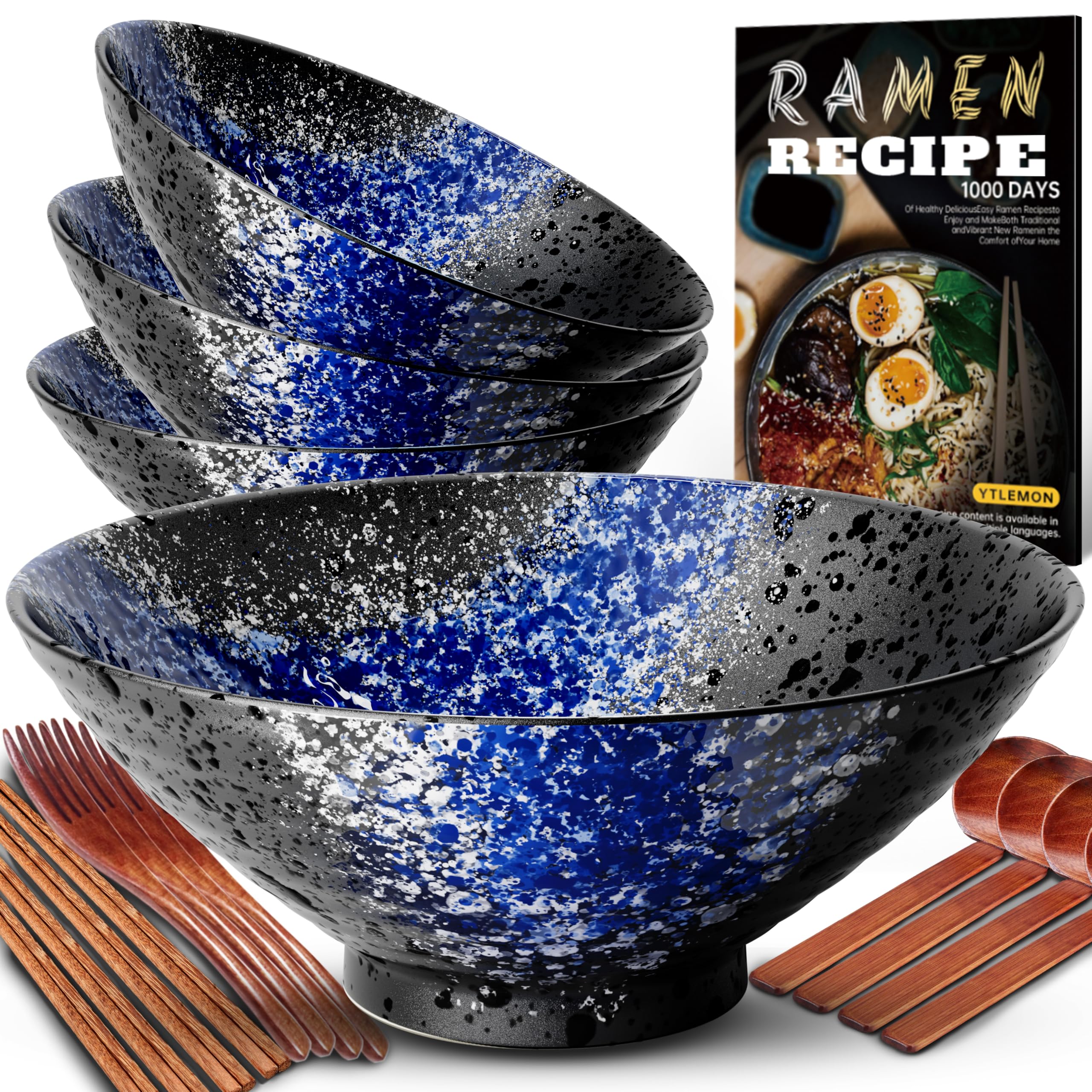8-Inch Ceramic Ramen Bowl Set of 4 (17 Piece) - Porcelain Japanese Salad Noodles Cereal Fruit Pasta Soup Large Bowls with Recipes Chopsticks Forks Spoons for Men Women Gift Microwave Dishwasher Safe Image