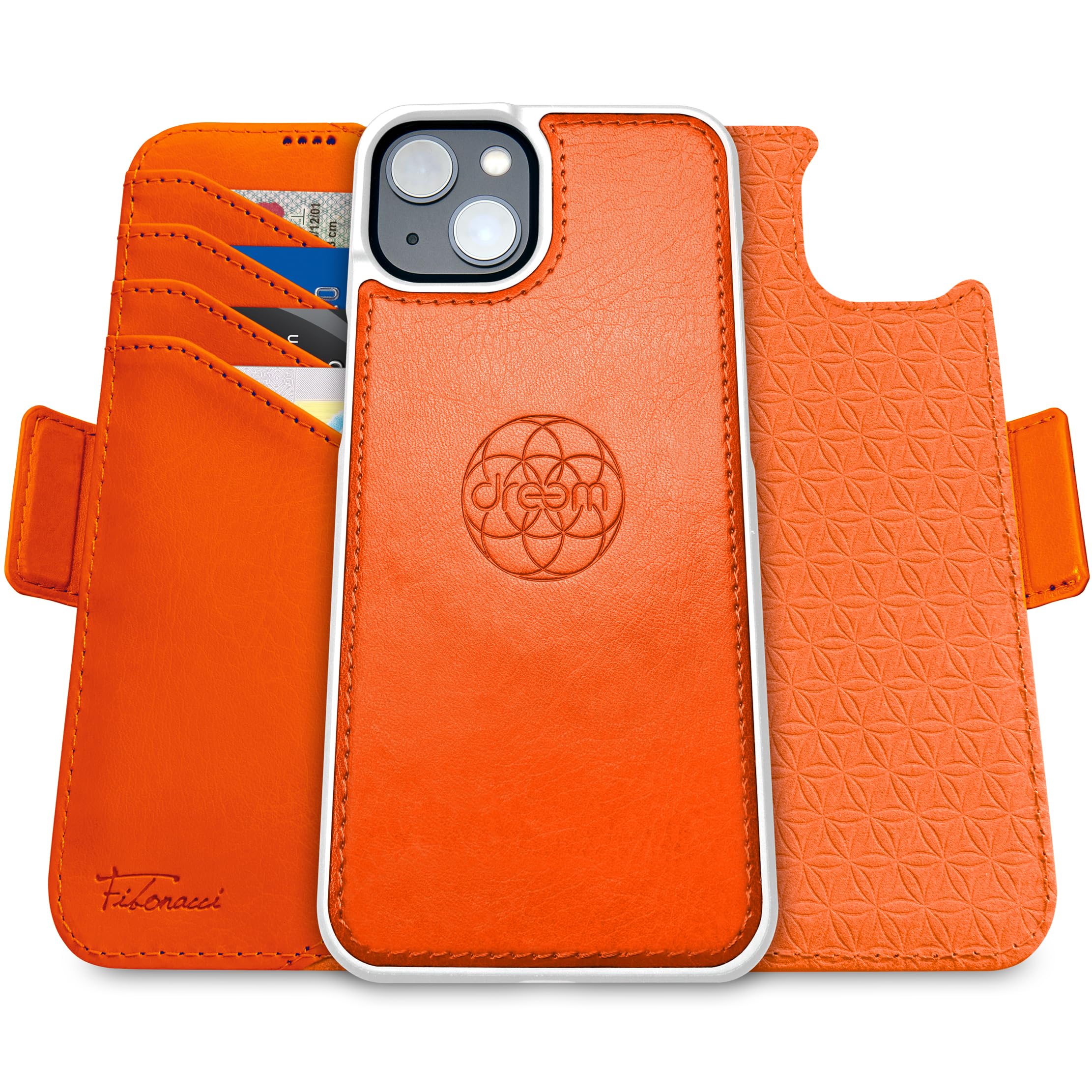 dreem Wallet Case for iPhone 15, Revolutionary Vert/Hor Phone Stand, Magnetic Detachable Vegan Leather Flip Cover RFID Blocking Card Holder, MagSafe-Fit, Gift Box [Fibonacci: Orange] — image 1