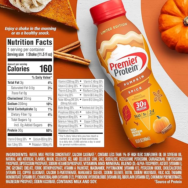 PREMIER PROTEIN SHAKE LIMITED EDITION 30G 1G SUGAR 24 VITAMINS MINERALS NUTRIENTS, PUMPKIN SPICE, 11.5 FL OZ (PACK OF 12) ARTWORK CASE – PACKAGING MAY VARY