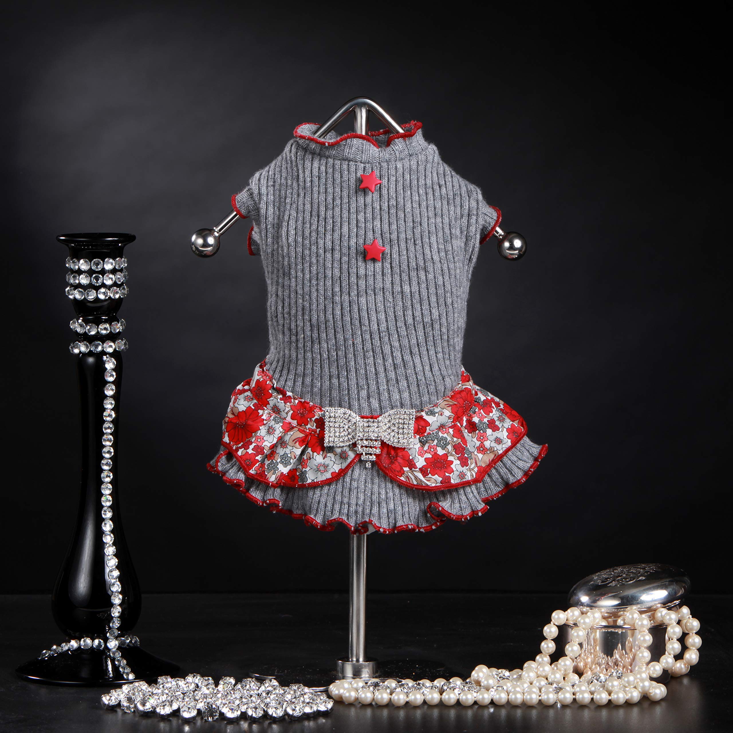 Trilly tutti Brilli Mary Wool Dress with Floral Frill and Rhinestone Bow Brooch and Star Buttons, Grey, L - 1 Product