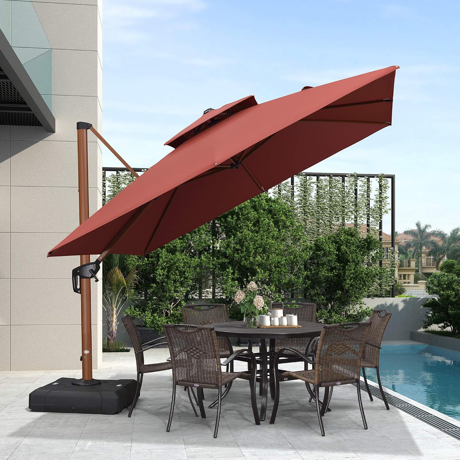 Purple Leaf 9 Feet Double Top Deluxe Wood Pattern Square Patio Umbrella Offset Hanging Umbrella Cantilever Umbrella Outdoor Market Umbrella Garden Umbrella Brick Red Amazon In Garden Outdoors