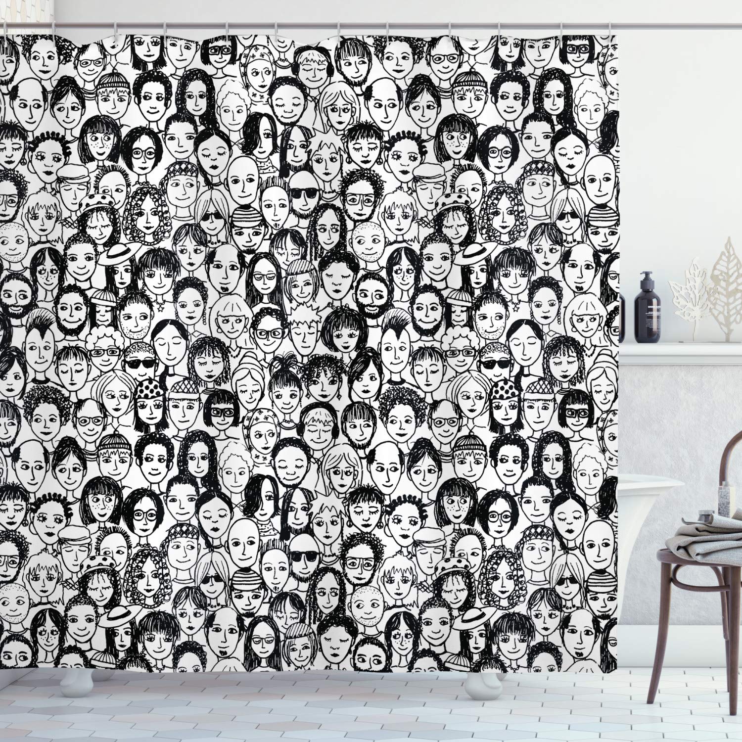 ABAKUHAUS Black and White Shower Curtain, Assortment of Portraits of Happy People Many Ethnicities Sketch Style, Cloth Fabric Bathroom Decor Set with Hooks, 94 Inches, Black White