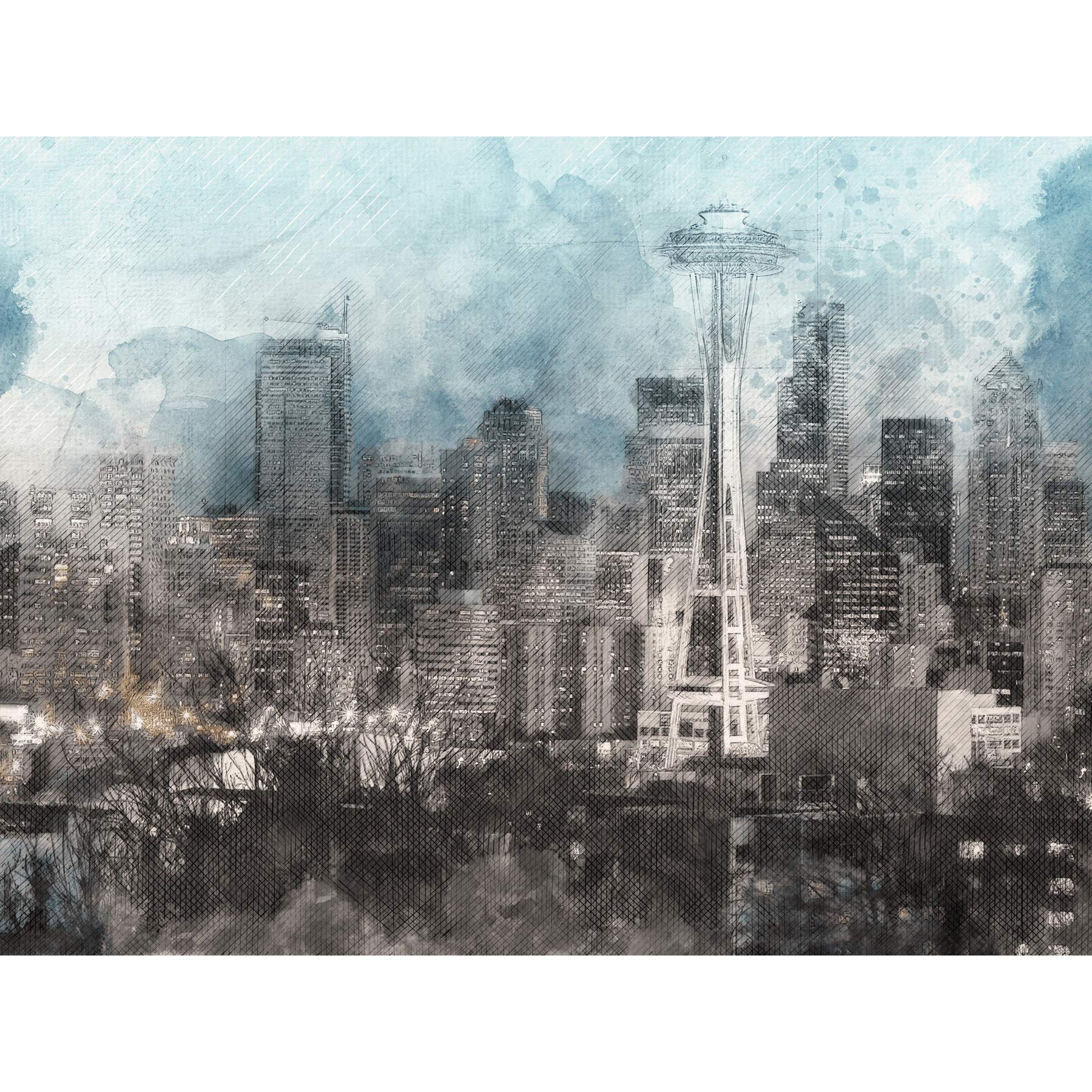 Seattle City Skyline Illustration Large Canvas Wall Art Print