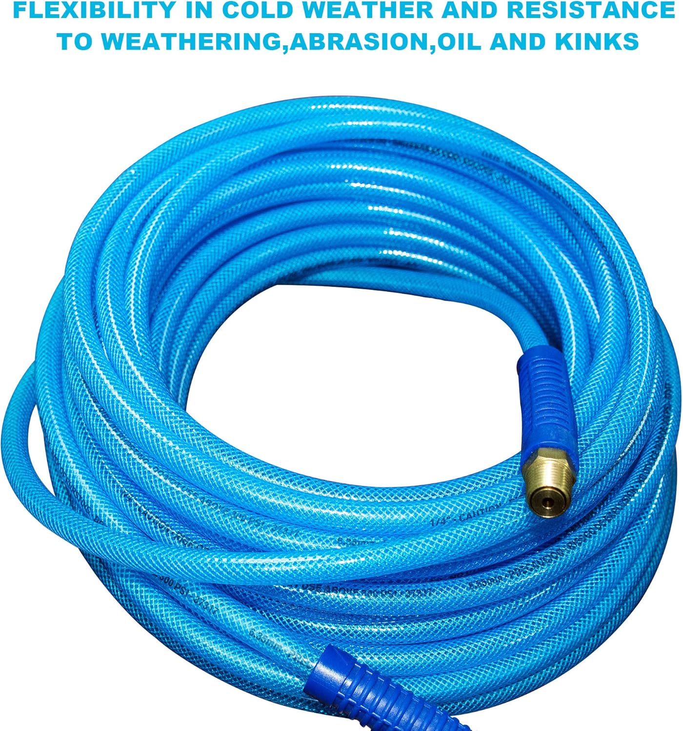 FIXSMITH-Reinforced-Polyurethane-Air-Hose, 300 PSI, 50 Feet x 1/4 Inch, PU Air Compressor Hose With 1/4" MNPT Brass Swivel End Fittings and Heavy Duty Bend Restrictors.Blue. - - 