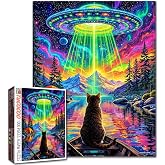1000 Piece Jigsaw Puzzles for Adults Cute Cat in Boat Painting Jigsaw Puzzle Alien Spaceship,UFO 1000 Pieces Puzzles The Rocky Mountain DIY Craft Puzzle Cultural Family challenging Gift Bedroom Decor