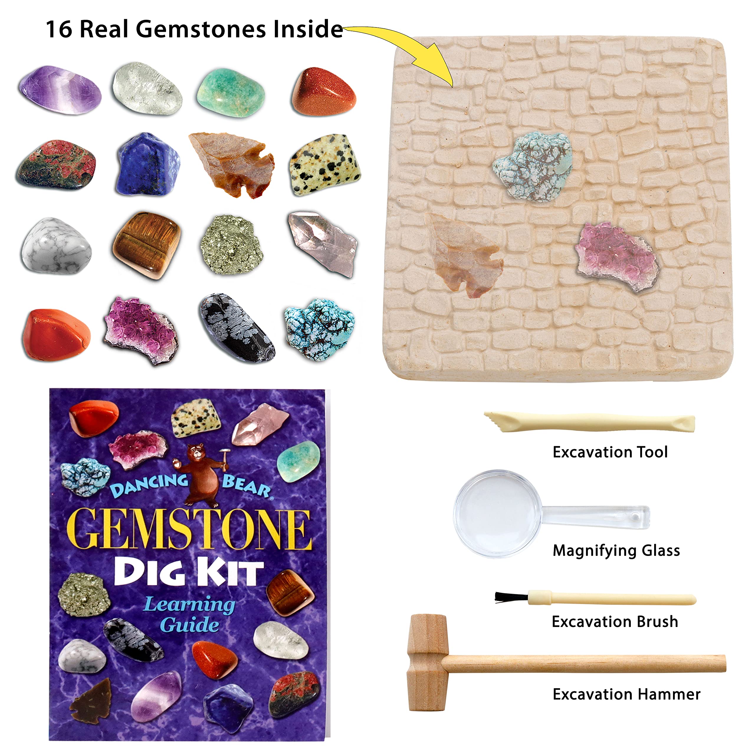 DANCING BEAR Gem stone Dig Kit, Excavate 16 Real Gems & Crystals including Arrowheads, Quartz Point and Amethyst, STEM Education for Kids, Fun Rock Mining Science Activity Gift Sets for Girls and Boys