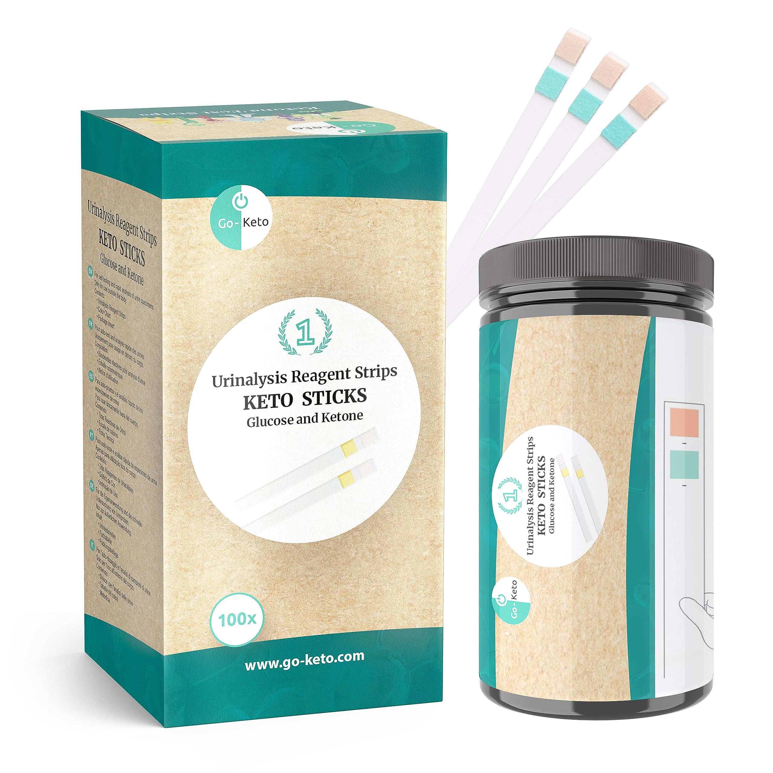 Go-Keto Keto Sticks 100 Pieces - Glucose + Ketones Urine Test Strips for Easy Measurement at Home, Perfect for accompanying a Keto Diet.