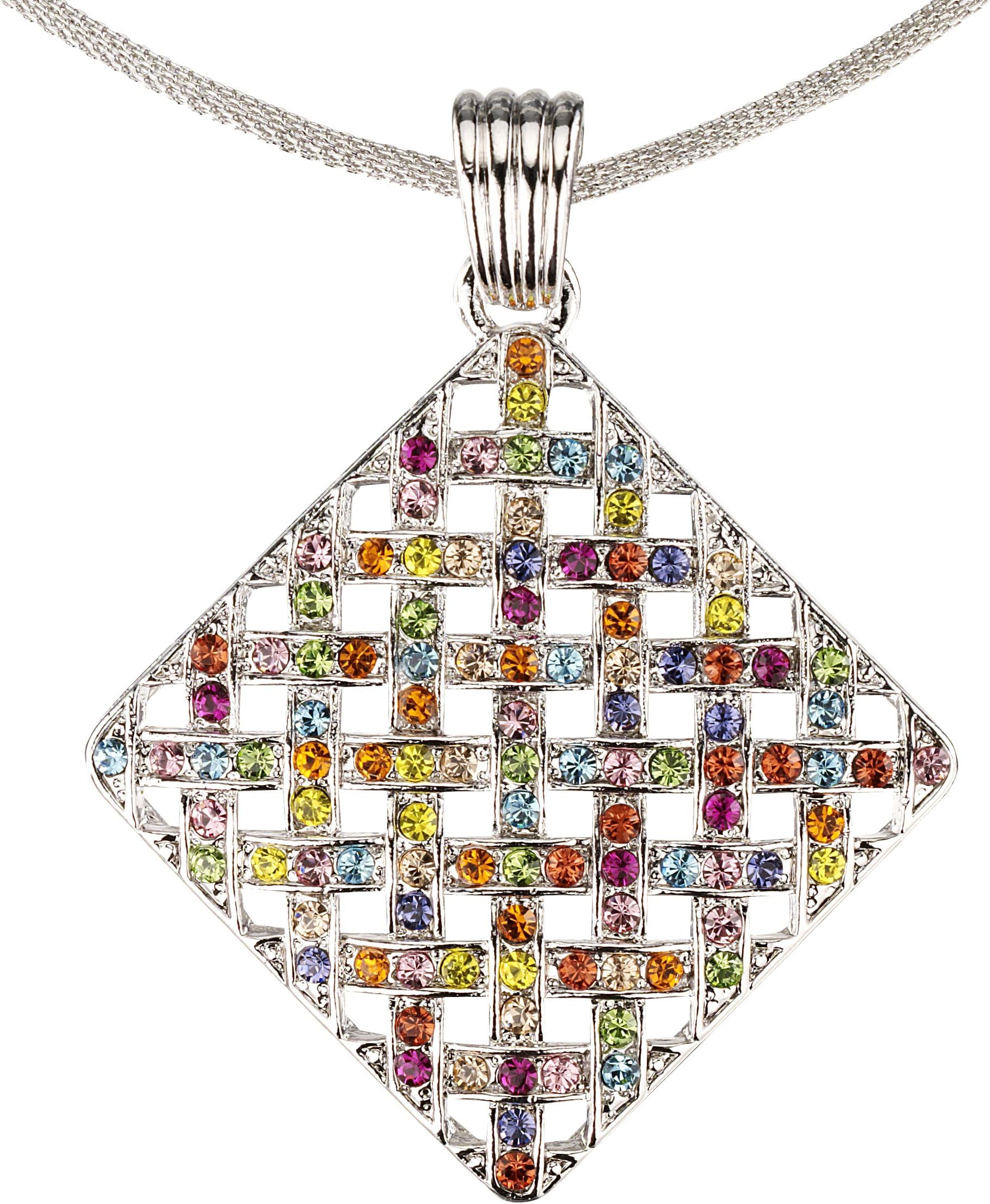 Jewellery's Hollywood Diamond Shape Multi Coloured Pendant Cluster Necklace Made with Swarovski Crystals, Nickel Free, Rhodium Plated, Silver Effect Finish