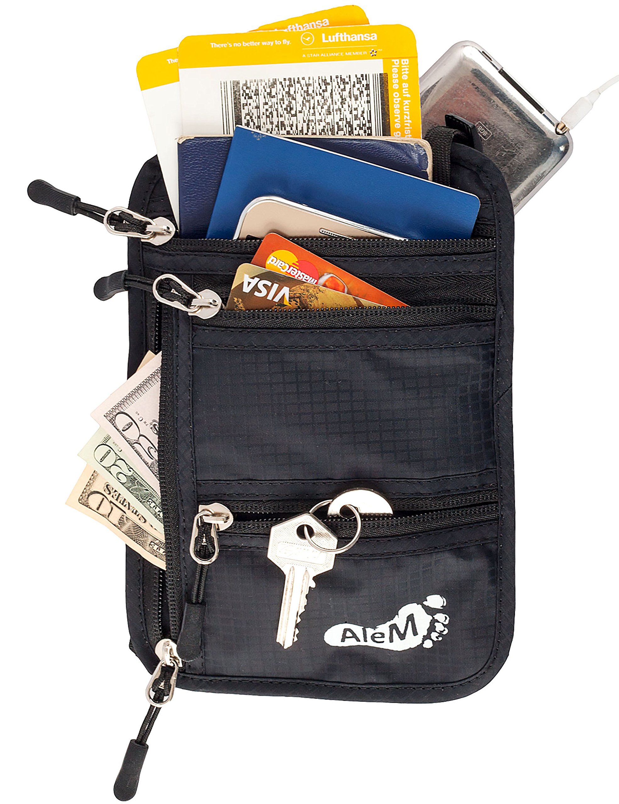 Travel Neck Wallet & Passport Holder - Hidden RFID Pouch with Safety and Secure Anti-Theft Blocking [Black]